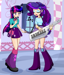 Size: 2338x2733 | Tagged: source needed, useless source url, safe, artist:derpyramone, derpibooru import, part of a set, rarity, twilight sparkle, twilight sparkle (alicorn), alicorn, equestria girls, blushing, carousel boutique, clothes, cute, eyes closed, female, human coloration, keytar, lesbian, music notes, musical instrument, open mouth, rarilight, shipping, singing, skirt, smiling, teary eyes, twiabetes