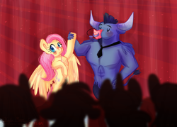 Size: 4900x3500 | Tagged: safe, artist:compassrose0425, fluttershy, iron will, minotaur, pegasus, pony, putting your hoof down, audience, eyes closed, female, high res, mare, scene interpretation, smiling