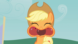 Size: 1280x720 | Tagged: safe, screencap, applejack, earth pony, pony, apple family reunion, apple, eyes closed, faic, female, food, gentlemen, mare, solo