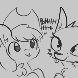 Size: 1650x1650 | Tagged: safe, artist:tjpones, applejack, dog, earth pony, pony, bust, cheek fluff, doggo, duo, ear fluff, female, fluffy, gray background, grayscale, mare, monochrome, onomatopoeia, pbt, raspberry, raspberry noise, simple background, tongue out