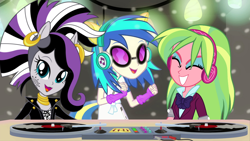 Size: 960x540 | Tagged: safe, artist:luckreza8, artist:sugar-loop, artist:themexicanpunisher, edit, edited screencap, screencap, dj pon-3, lemon zest, vinyl scratch, zecora, equestria girls, rainbow rocks, shake your tail, clothes, equestria girls-ified, eyes closed, fingerless gloves, gloves, open mouth, school uniform