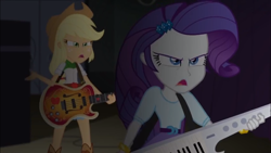 Size: 1366x768 | Tagged: safe, screencap, applejack, rarity, equestria girls, angry, guitar, keytar, musical instrument, upset