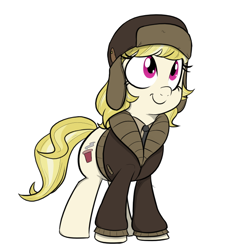 Size: 640x678 | Tagged: safe, artist:shoutingisfun, march gustysnows, pony, clothes, coat, cute, female, hat, looking up, mare, necktie, shirt, simple background, smiling, solo, ushanka, white background