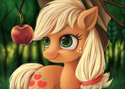 Size: 1800x1273 | Tagged: safe, artist:wourdeluck, applejack, earth pony, pony, apple, female, leaf, mare, obligatory apple, smiling, solo, tree