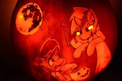 Size: 1280x853 | Tagged: safe, artist:taps, dj pon-3, octavia melody, vinyl scratch, earth pony, pony, halloween, holiday, jack-o-lantern, mare in the moon, moon, nightmare night, pumpkin