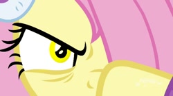 Size: 720x404 | Tagged: safe, edit, edited screencap, editor:axal-5, screencap, fluttershy, pegasus, pony, best gift ever, angry, badass, earmuffs, female, flutterbadass, glowing eye, goa'uld, golden eyes, hair over one eye, mare, stargate