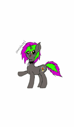 Size: 938x1600 | Tagged: safe, artist:flutternom, oc, oc only, oc:frenzy nuke, pony, unicorn, collar, derp, dialogue, open mouth, simple background, solo, text, white background