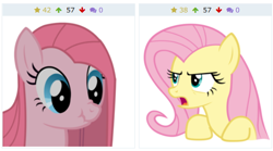 Size: 614x341 | Tagged: safe, derpibooru import, fluttershy, pinkie pie, earth pony, pegasus, pony, derpibooru, juxtaposition, juxtaposition win, meme, meta, pinkamena diane pie, scrunchy face