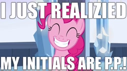 Size: 1920x1080 | Tagged: safe, edit, edited screencap, editor:useraccount, screencap, pinkie pie, equestria girls, equestria girls (movie), eyes closed, funny, image macro, implied urine, meme, peepee, smiling, solo