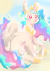 Size: 969x1380 | Tagged: safe, artist:iveory, princess celestia, alicorn, pony, female, jewelry, mare, peytral, raised hoof, regalia, sitting, smiling, solo, spread wings, sun, three quarter view, wings