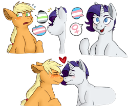 Size: 1500x1250 | Tagged: safe, artist:rabbune, applejack, rarity, earth pony, pony, unicorn, agender, agender pride flag, alternate hairstyle, blushing, boop, cute, eyes closed, female, female symbol, heart, lesbian, lgbt, noseboop, pictogram, pride, pride flag, rarijack, shipping, short hair, simple background, trans girl, transgender, transgender pride flag, transparent background