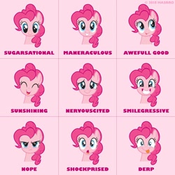 Size: 1080x1080 | Tagged: safe, pinkie pie, earth pony, pony, angry, cute, derp, diapinkes, emotions, expressions, eyes closed, facebook, female, happy, mare, nervicited, official, open mouth, pink, pretty, smiling, solo, teeth, text, tongue out