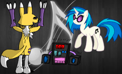 Size: 1238x757 | Tagged: safe, artist:rainofbladess, dj pon-3, vinyl scratch, pony, unicorn, crossover, dancing, digimon, dubstep, duo, female, gray background, mare, music, radio, renamon, simple background, sunglasses