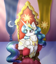 Size: 953x1100 | Tagged: safe, artist:vendy05, princess celestia, alicorn, pony, banner, curled up, cute, cutelestia, female, mare, pillow, prone, signature, smiling, solo, throne, throne room