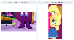 Size: 486x266 | Tagged: safe, screencap, applejack, rarity, spike, dog, equestria girls, equestria girls (movie), boots, carousel boutique, cropped, derpibooru, high heel boots, jewelry, juxtaposition, meta, spike the dog