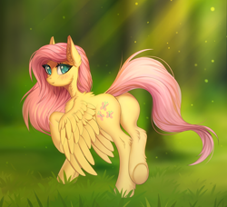 Size: 1316x1200 | Tagged: safe, artist:margony, fluttershy, pegasus, pony, blushing, crepuscular rays, cute, ear fluff, female, flutterbutt, head turn, looking at you, looking back, looking back at you, mare, plot, raised hoof, rear view, shyabetes, smiling, solo, spread wings, standing, underhoof, wings