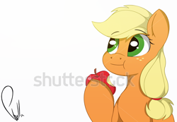 Size: 1500x1039 | Tagged: safe, artist:phyll, applejack, earth pony, pony, apple, female, food, freckles, mare, meme, parody, shutterstock, simple background, white background