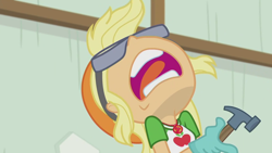 Size: 1280x720 | Tagged: safe, screencap, applejack, better together, constructive criticism, equestria girls, aaugh!, geode of super strength, goggles, hammer, hard hat, jewelry, magical geodes, necklace, nose in the air, open mouth, ouch, screaming, solo, volumetric mouth