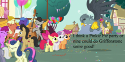 Size: 1280x640 | Tagged: safe, edit, edited screencap, screencap, apple bloom, berry punch, berryshine, bon bon, cantora, cherry cola, cherry fizzy, dizzy twister, gabby, golden tones, octavia melody, orange swirl, parish nandermane, royal riff, scootaloo, sweetie belle, sweetie drops, earth pony, pony, the fault in our cutie marks, adorabon, balloon, berrybetes, cropped, cute, gabbybetes, happy, party, ponyville