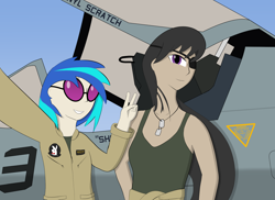 Size: 1940x1416 | Tagged: safe, artist:arcanelexicon, artist:totallynotabronyfim, dj pon-3, octavia melody, vinyl scratch, human, clothes, dog tags, ea-6b prowler, eyepatch, flight suit, humanized, marines, military, peace sign, playboy bunny, selfie, smiling, sunglasses, tanktop, uniform