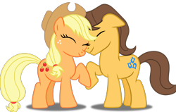 Size: 1593x1016 | Tagged: artist needed, source needed, safe, applejack, caramel, earth pony, pony, carajack, cuddling, cute, eyes closed, female, male, mare, raised hoof, shipping, simple background, smiling, snuggling, stallion, straight, transparent background, vector