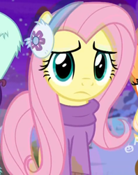 Size: 618x780 | Tagged: safe, screencap, fluttershy, pegasus, pony, best gift ever, clothes, cropped, earmuffs, looking at you, solo focus, sweater, winter outfit