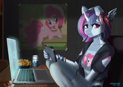 Size: 900x634 | Tagged: safe, artist:lifejoyart, pinkie pie, oc, oc:aqua jewel, anthro, earth pony, pony, unicorn, anthro with ponies, chips, clothes, computer, controller, female, food, jacket, laptop computer, mare, soda, solo