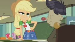 Size: 1280x720 | Tagged: safe, screencap, apple bloom, applejack, cranky doodle donkey, scootaloo, sweetie belle, better together, equestria girls, happily ever after party, happily ever after party: applejack, belt, clothes, cowboy hat, denim skirt, desk, hat, school, skirt, stetson