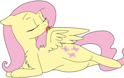 Size: 1024x648 | Tagged: safe, artist:didgereethebrony, fluttershy, pegasus, pony, chest fluff, cute, cutie mark, eyes closed, female, head turn, licking, mare, mlem, on side, one wing out, preening, prone, shyabetes, silly, simple background, solo, tongue out, transparent background