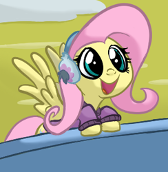 Size: 317x325 | Tagged: safe, artist:lyricjam, fluttershy, pegasus, pony, best gift ever, :d, clothes, cute, earmuffs, female, happy, leaning, looking at something, mare, open mouth, shyabetes, smiling, solo, spread wings, sweater, wings, winter outfit