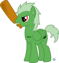 Size: 2073x2208 | Tagged: safe, artist:arifproject, oc, oc only, pegasus, pony, angry, cutie mark, derpibooru, derpibooru ponified, green, imminent spanking, male, meta, moderator, mouth hold, paddle, ponified, simple background, solo, transparent background, vector