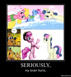 Size: 462x500 | Tagged: safe, berry punch, berryshine, bon bon, cherry berry, minuette, pinkie pie, sweetie drops, earth pony, pony, winter wrap up, long neck, meme, motivational poster