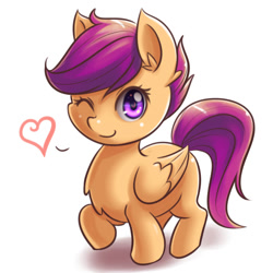 Size: 800x800 | Tagged: safe, artist:ninjaham, scootaloo, pegasus, pony, chest fluff, cute, cutealoo, female, filly, heart, one eye closed, pudgy, solo, wink