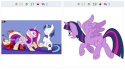 Size: 476x266 | Tagged: safe, artist:rupertbluefox, artist:sollace, princess cadance, shining armor, twilight sparkle, twilight sparkle (alicorn), alicorn, pony, unicorn, angry, derpibooru, juxtaposition, juxtaposition win, meme, meta, stifling laughter, surprised