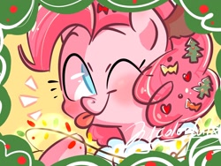 Size: 2048x1536 | Tagged: safe, artist:colorfulcolor233, pinkie pie, earth pony, pony, :p, cute, female, happy holidays, looking at you, mare, one eye closed, silly, solo, tongue out, wink