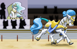 Size: 2096x1346 | Tagged: safe, artist:invertigo, princess celestia, alicorn, pony, armor, dressage, female, male, mare, royal guard, stallion