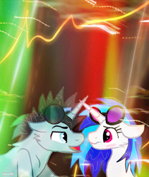 Size: 1024x1214 | Tagged: safe, artist:neonspirit17, dj pon-3, neon lights, rising star, vinyl scratch, pony, unicorn, bedroom eyes, blushing, embarrassed, eye contact, flirting, leaning, looking at each other, male, nervous, not sure if want, shipping, smiling, straight, unsure, vinylights