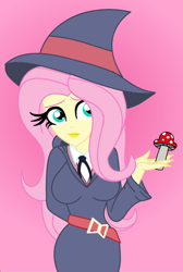 Size: 600x894 | Tagged: safe, artist:cbear624, fluttershy, human, equestria girls, anime, clothes, commission, cosplay, costume, deviantart, hat, little witch academia, mushroom, solo, sucy manbavaran, witch, witch hat