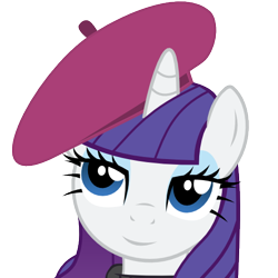 Size: 512x512 | Tagged: safe, artist:the smiling pony, derpibooru import, rarity, pony, unicorn, .svg available, beatnik rarity, beret, bust, clothes, derpibooru, derpibooru badge, female, hat, lidded eyes, mare, meta, portrait, simple background, smiling, solo, svg, sweater, transparent background, vector