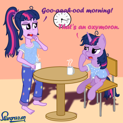 Size: 2800x2800 | Tagged: safe, artist:stargrazer, derpibooru import, sci-twi, twilight sparkle, twilight sparkle (alicorn), alicorn, equestria girls, bed hair, clothes, coffee, duality, human ponidox, morning, newbie artist training grounds, pajamas, self ponidox, twolight