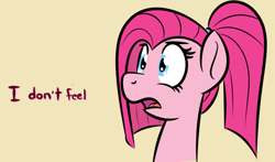 Size: 475x279 | Tagged: safe, artist:glimglam, edit, pinkie pie, earth pony, pony, bust, emotionless, hilarious in hindsight, pinkamena diane pie, speech