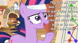 Size: 935x525 | Tagged: safe, derpibooru import, edit, edited screencap, screencap, twilight sparkle, it's about time, caption, image macro, meme, sfdebris, solo, twilight gone mad