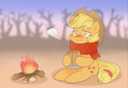 Size: 3905x2679 | Tagged: safe, artist:sagwamat, applejack, earth pony, pony, blushing, campfire, cider, cider mug, clothes, cowboy hat, cute, hat, jackabetes, mug, scarf, smiling, solo, stetson, tankard