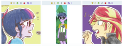 Size: 776x294 | Tagged: safe, derpibooru exclusive, microchips, sci-twi, sunset shimmer, twilight sparkle, equestria girls, legend of everfree, clothes, derpibooru, exploitable meme, glasses, juxtaposition, juxtaposition fail, looking at each other, meme, meta, shorts, spoon