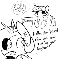 Size: 2250x2250 | Tagged: safe, artist:tjpones, princess celestia, twilight sparkle, unicorn twilight, alicorn, pony, unicorn, always skip leg day, creatine, cursed image, dialogue, duo, grayscale, implied twilight velvet, magic, monochrome, muscles, muscular horn, phone, simple background, stronk, swol, telekinesis, twiggie, vein bulge, weight lifting, white background