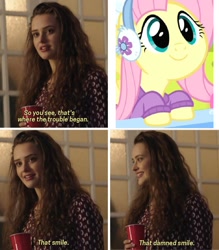 Size: 875x1000 | Tagged: safe, edit, edited screencap, screencap, fluttershy, human, best gift ever, 13 reasons why, cropped, cute, earmuffs, meme, shitposting