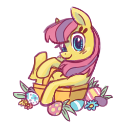 Size: 800x800 | Tagged: safe, artist:needsmoarg4, earth pony, pony, g3, basket, easter, easter egg, female, g3 to g4, generation leap, looking at you, mare, pony in a basket, simple background, sitting, skedoodle, smiling, solo, white background