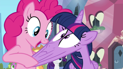 Size: 1280x720 | Tagged: safe, derpibooru import, screencap, applejack, pinkie pie, rarity, spike, twilight sparkle, twilight sparkle (alicorn), alicorn, dragon, earth pony, pony, unicorn, twilight's kingdom, great moments in animation, stretching, stretchy, why the long face