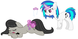 Size: 6900x3525 | Tagged: safe, artist:djdavid98, dj pon-3, octavia melody, vinyl scratch, earth pony, pony, unicorn, absurd resolution, bow, bowtie, cutie mark, eyes closed, female, floppy ears, glowing horn, hooves, horn, levitation, lying down, magic, mare, open mouth, prank, prone, raised hoof, simple background, sleeping, tail bow, telekinesis, tongue out, transparent background, vector