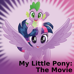 Size: 1024x1024 | Tagged: safe, artist:cheezedoodle96, spike, twilight sparkle, twilight sparkle (alicorn), alicorn, dragon, pony, my little pony: the movie, .svg available, derpibooru, dragons riding ponies, duo, female, flying, gradient background, male, mare, meta, official spoiler image, riding, spoilered image joke, svg, vector, windswept mane